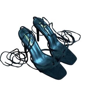 Lulus Women's Simonee Black Suede Lace-Up High Heel Sandals Size 8